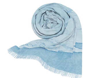 Fringed Lightweight Scarf (Watercolor Beach - Shades of Blue and White)