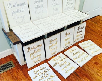 Wedding Aisle Decor, Love is patient, love is kind. Wedding Decorations. 1 Corinthians 13 Wedding Aisle Signs. White Wedding Signs.