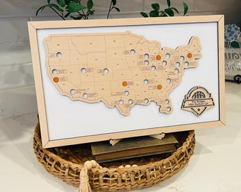 NBA Stadium Map | Basketball Arena Tracker | Sports Fan Gift | Basketball Travel Map with Display Stand | Personalized Basketball Decor