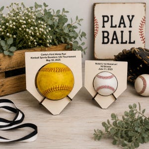 Personalized Baseball & Softball Home Run Ball Holder. Custom First Home Run Display. Engraved Ball Stand. Baseball Gift. Softball Gift.