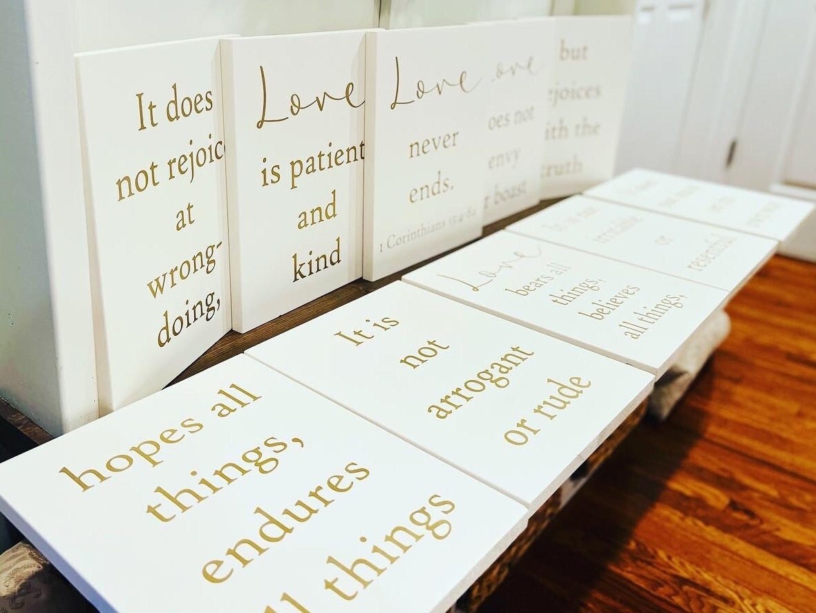 Wedding aisle decor. Love Is Patient and Kind. Wedding Decorations. 1 Corinthians 13 Wedding Aisle Signs. Ivory wedding. Love never fails.