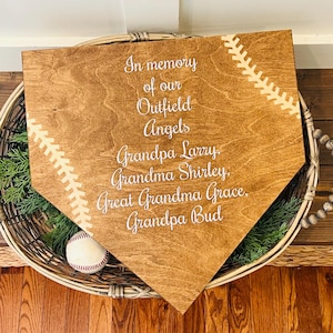 May include: A wooden home plate-shaped sign with the text "In memory of our Outfield Angels" and names. The sign is brown with white stitching details and is placed in a woven basket with a baseball.