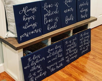 Navy Love Is Patient Love is Kind Wedding Decorations. 1 Corinthians 13 Wedding Aisle Signs. Wood Wedding Signs. Painted wood Wedding Decor.