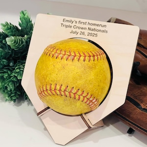 Personalized Softball Holder. First home run. Softball Display Case. Softball gift. Game ball display. Game ball holder. Softball case.