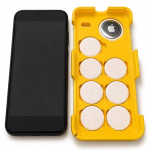 Könnte beinhalten: Ein schwarzes Smartphone neben einer leuchtend gelben Schutzhülle, die sieben runde, cremefarbene, texturierte Scheiben und einen silbernen Apple AirTag mit dem Apple-Logo in der oberen rechten Ecke des Gehäuseinneren enthält.