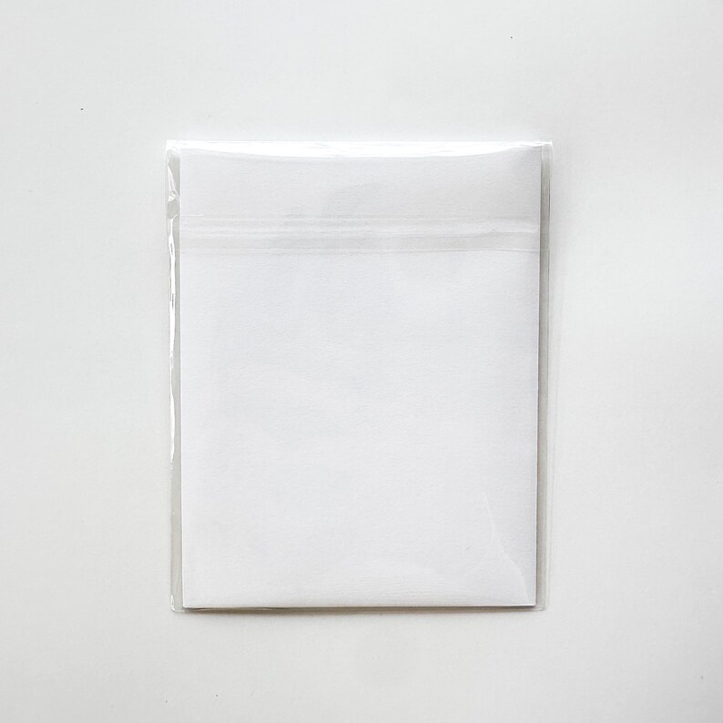 Detail photo of protective plastic sleeve seam and white envelope that comes with silly goose birthday card. Clear cellophane packaging for 5x7 style greeting card.