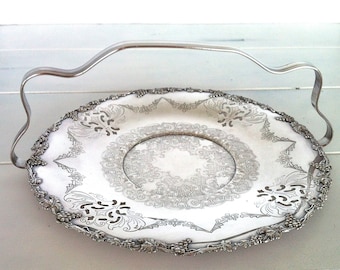 Silverplated Serving Tray with Handle/Vintage Silverplated Serving Tray/Silverplated Dessert Tray/Silver Serving Plate/Silver Round Tray