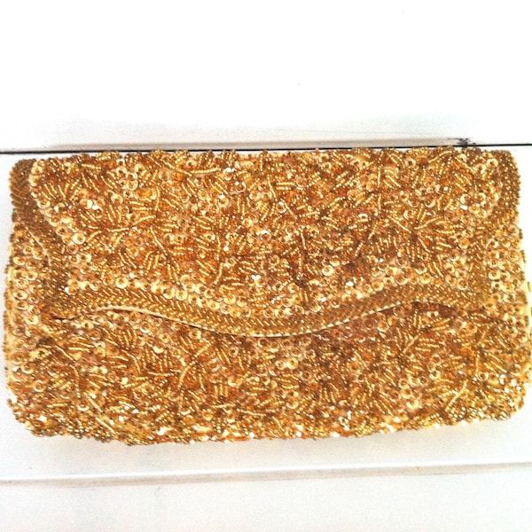 Gold Beaded and Sequins Clutch/Gold Silk Purse/Gold Beaded n Sequins Evening Bag/Cocktail Purse/La Regale Gold Metallic Handbag/Gold Clutch