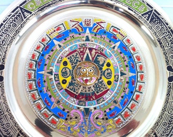Brass Aztec Calendar Wall Plate/Brass Maya Calendar Plate/Brass Aztec Plate/Aztec Decor/Maya Decor/Aztec Design Plate/Aztec Calendar Plate