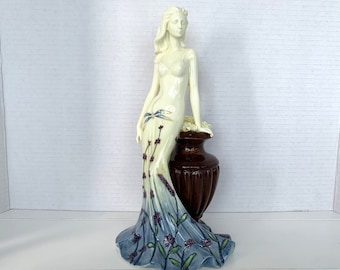 Lady Figurine With Dragonfly And Flower Dress And Pot Of Flowers Marked CR/Ceramic Lady Statue/Porcelain Lady Figurine/Beautiful Lady Statue