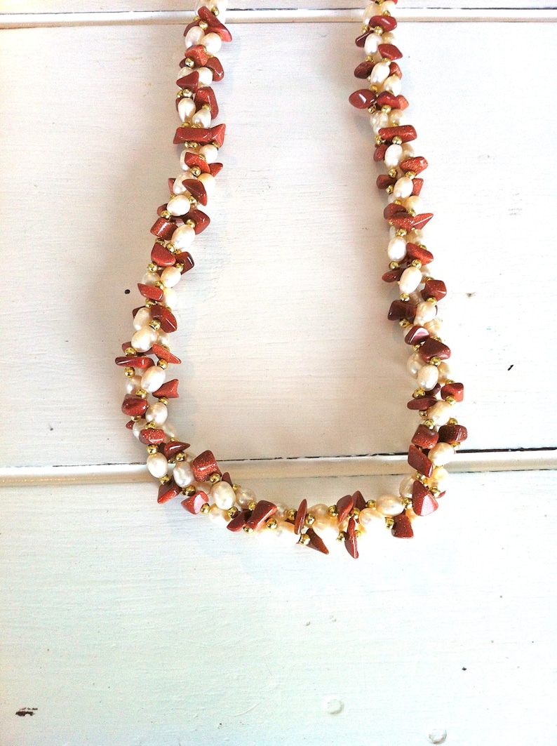Vintage Goldstone and Pearl Beaded NecklaceVintage Goldstone NecklaceRetro Goldstone NecklaceGoldstone Beaded NecklaceGoldstone Beads