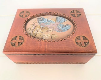 J J Cash Ltd. Conventry Embroidered Blue Bird Wooden Box/Silk Panel Polish Jewelry Box/Poland Wooden Jewelry Box/Bird Wooden Keepsake Box