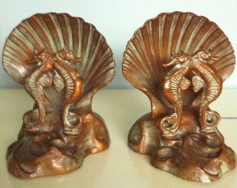 McClelland Barclay Bronze Bookends 1932/Seahorse Sea Shell Bronze Bookends/Barclay Art/Beach Decor/Barclay Bronze Statues/Seahorse Sculpture