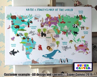 Animal Kids Nursery World Maps Flags TREBLE CANVAS WALL ART Picture Print
