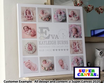 New Baby Girl Boy Personalised Baby Name Bunny Rabbit Nursery Wall Art 12 Photo Picture Collage Framed Canvas Print Handmade Unique Gift