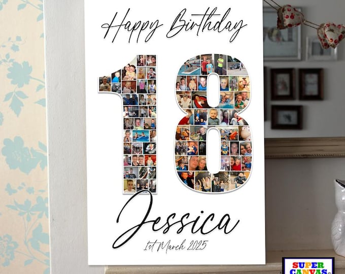 Happy Birthday Personalised Custom Any Age Number Photo Picture 18th 21st 40th 80th Birthday Party Display Board Collage Framed Canvas Print