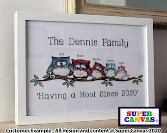 Owl Family Custom Family Personalised Portrait Handmade Picture Frame Wall Art Framed Print Dad Mum Friend Birthday Wedding Christmas Gift