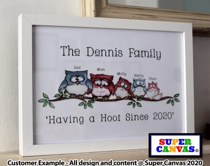 Owl Family Custom Family Personalised Portrait Handmade Picture Frame Wall Art Framed A4 Print Dad Mum Friend Birthday Wedding Card Gift
