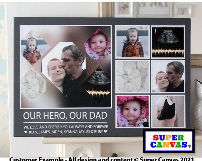 Our Dad Our Hero Handmade Personalised Custom Dad Daddy 7 Photo Picture Collage Display Board Framed Canvas Photo Print Birthday Card Gift