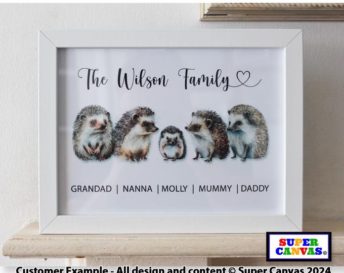 Hedgehog Family Unique Personalised Family Portrait Picture Wall Art Framed Print Handmade Grandparents Wife Friend Mum Dad Birthday Gift