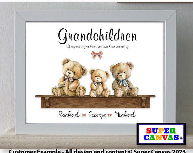 Grandchildren Teddy Bear Family Personalised Custom Family Portrait Picture Framed Print Nana Grandad Grandma Grandparents Birthday Gift