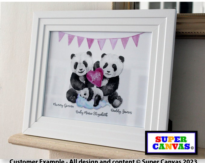 Newborn Baby Girl Baby Boy Panda Family Custom Personalised Family Portrait Framed Print New Mum Dad Parents Welcome to the World Gift
