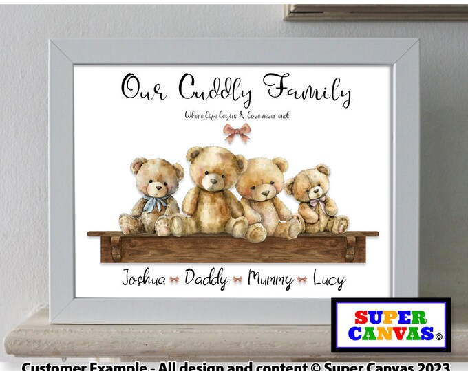 Teddy Bear Personalised Custom Framed Family Portrait A4 A3 Print Handmade Gift for Friend Mum Dad Husband Sister Wife Card Birthday gift