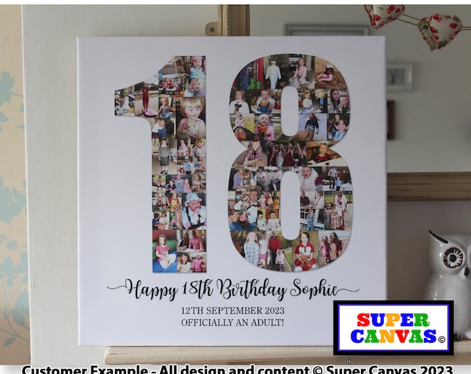 18th Birthday Personalised Custom Number 18 Shape Photo Board Collage Framed Canvas Print Daughter Son Grandchild Friend 18th Birthday gift