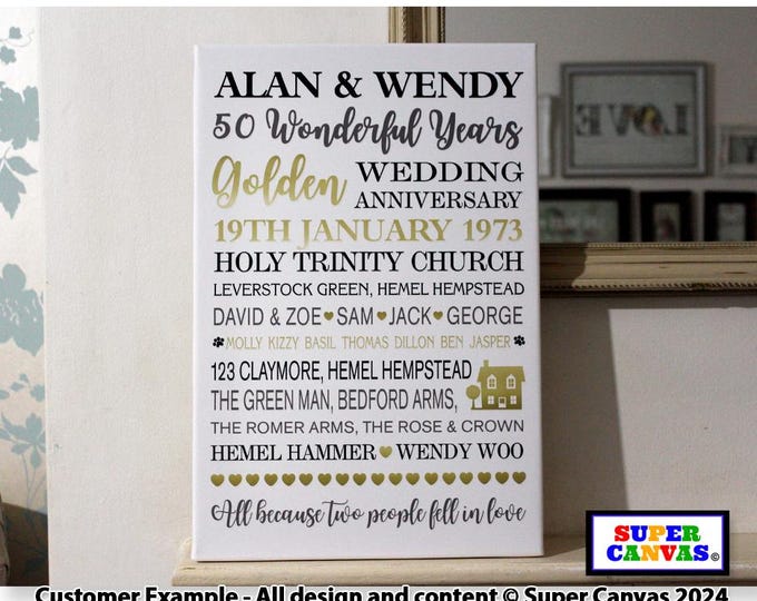50th Golden Wedding Anniversary Personalised Couple Wall Art Framed Canvas Print Wife Husband Parents Grandparents Friend Mum Dad Gift