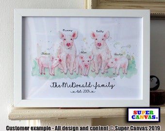 Family Personalised Pig Family Portrait Print Handmade Family Gift for Mum Dad Wife Grandparents Husband Friend Christmas Birthday Gift