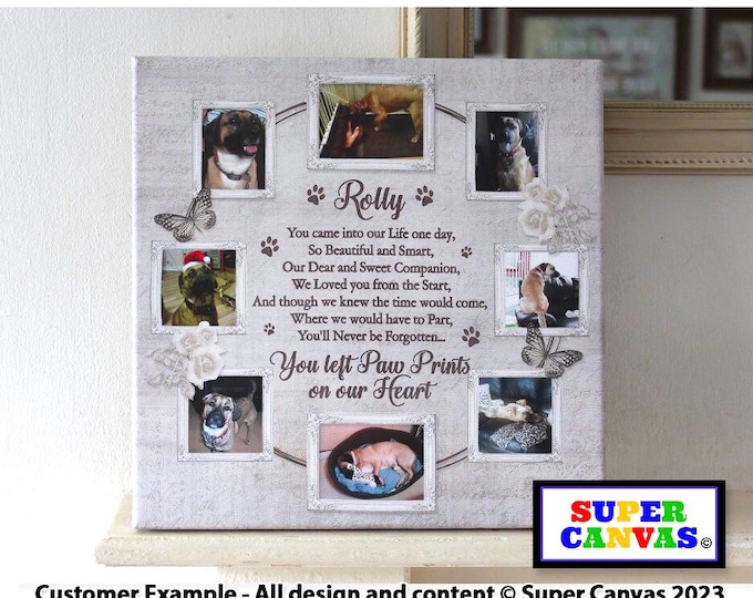 Dog Cat Paw Prints on Heart Personalised Handmade Pet Dog Portrait Memorial Rainbow Bridge Framed 8 Photo Picture Collage Canvas Print Gift