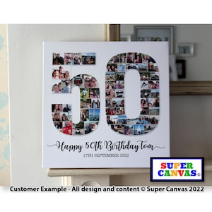 Pu&ograve; includere: Una stampa su tela bianca con un collage fotografico del numero 50. Il numero &egrave; composto da foto pi&ugrave; piccole. Il testo "Happy 50th Birthday Tom" e "17TH SEPTEMBER 2022" &egrave; sotto il numero. Il testo "SUPER CANVAS" &egrave; in una casella colorata nell'angolo in basso a destra.