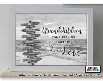 Grandchildren Family Street Sign Post Personalised with Names Wall Art Framed Print Mum Dad Friend Grandparent Son Daughter Christmas Gift
