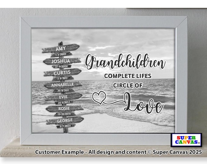 Grandchildren Family Street Sign Post Personalised with Names Wall Art Framed Print Mum Dad Friend Grandparent Son Daughter Christmas Gift
