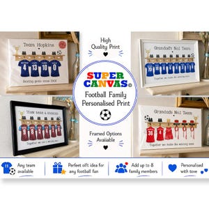 May include: A collection of four framed personalized football-themed prints featuring illustrations of jerseys hanging on a wooden rack with names and numbers. The prints include text such as Team Hopkins, Grandad's No1 Team, and Team Nana & Grandad.