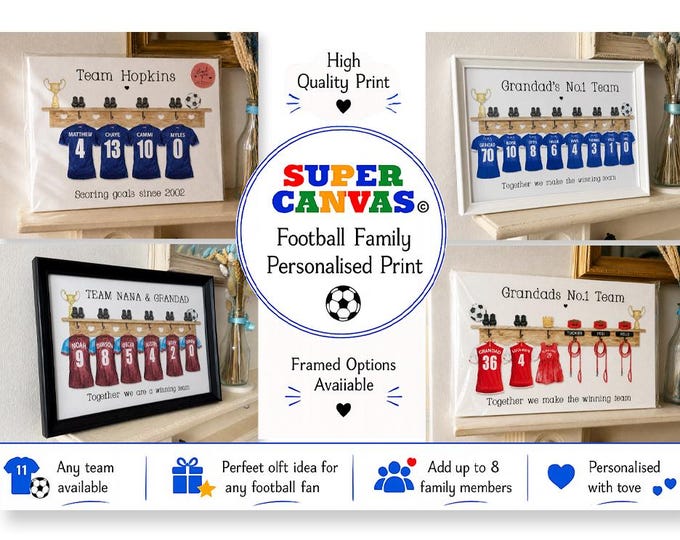 Football Team Personalised Grandparent Grandchildren Family Football Shirts Portrait Handmade Picture Framed Print Gift for Grandparents