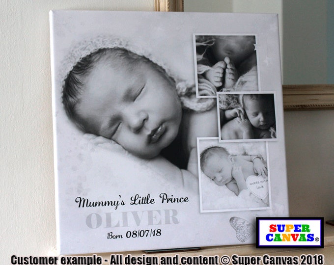 Baby Child Personalised with Name Son Daughter Grandchild Family Photo Picture Frame Nursery Wall Art Framed Canvas Print 1st Birthday Gift