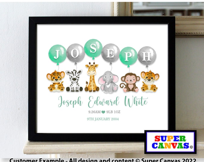 Baby Safari Jungle Animal Boy Girl Personalised Name Nursery Picture Frame Wall Art Framed Print Its a Boy Son Christening Birthday Gift