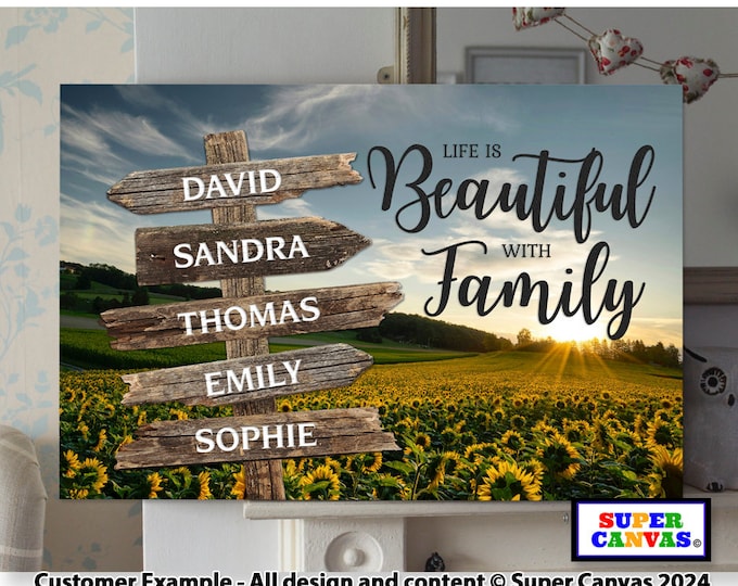 Family Street Sign Post Personalised with Family Names Sunflower Field Picture Wall Art Framed Canvas Print Mum Dad Friend Birthday Gift