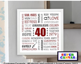 Handmade 40th Ruby Wedding Anniversary Wife Husband Friend Parents Grandparents Personalised Word Art Typography Framed Print Card Gift