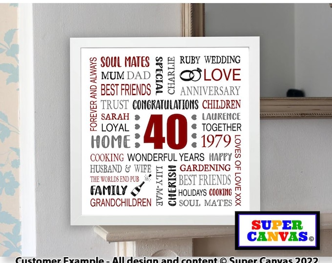 Handmade 40th Ruby Wedding Anniversary Wife Husband Friend Parents Grandparents Personalised Word Art Typography Framed Print Card Gift