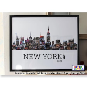May include: A black framed photo collage of the New York City skyline, made up of individual photos. The skyline is silhouetted against a white background. The text "NEW YORK" and the year "2024" are printed below the skyline.