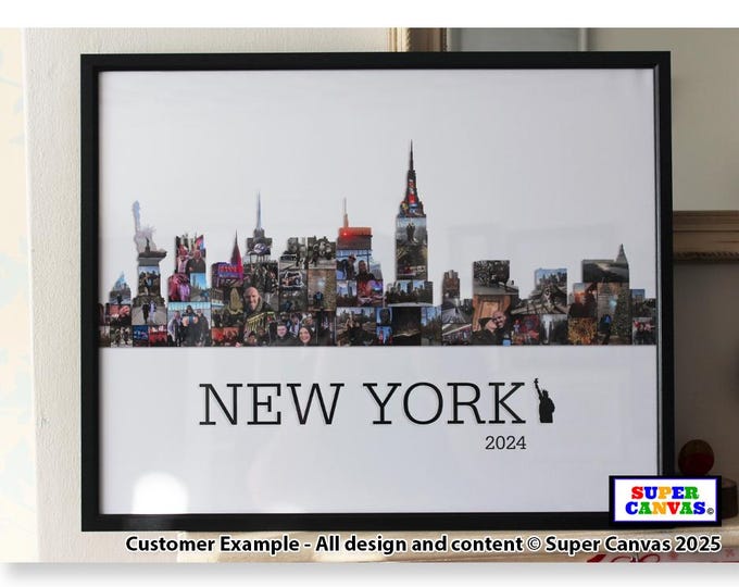 New York City USA Skyline Travel Holiday Custom Map Shape Picture Photo Collage Board Display Framed Photo Print Anniversary Birthday Gift