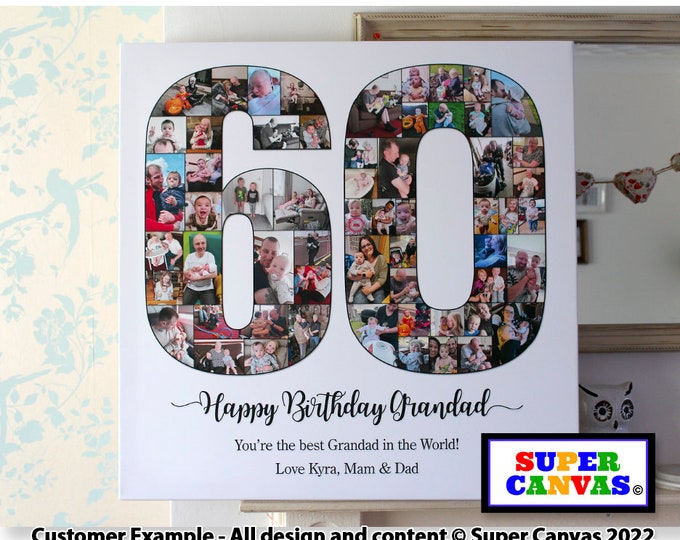 60th Birthday 60 Shape Picture Photo Collage Board Framed Canvas Print Friend Mum Dad Grandad Grandma Sister Brother 60th Birthday Gift