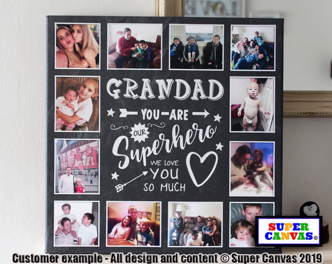 Grandad Our Superhero 12 Picture Photo Collage Personalised Family Wall Art Framed Canvas Print Unique Handmade Grandad Dad Birthday Gift