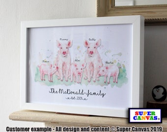 Pig Family Personalised Animal Family Portrait Handmade Picture Framed A4 Print Mum Dad Grandparents Friend Birthday Wedding Christmas Gift