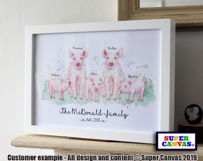 Pig Family Personalised Animal Family Portrait Handmade Picture Framed A4 A3 Print Mum Dad Grandparents Friend Birthday Wedding Card Gift