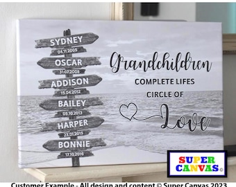 Grandchildren Family Sign Post Personalised with Names Picture Wall Art Framed Canvas Print Gift for Grandparents Nana Grandad Birthday Gift