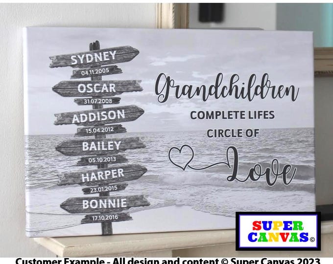 Grandchildren Family Sign Post Personalised with Names Picture Wall Art Framed Canvas Print Gift for Grandparents Nana Grandad Birthday Gift