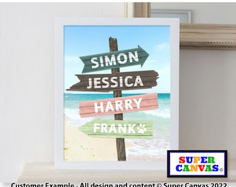 Family Street Sign Post Personalised with Names Beach Hut Picture Wall Art Framed Print Mum Dad Husband Wife Friend Birthday Christmas Gift